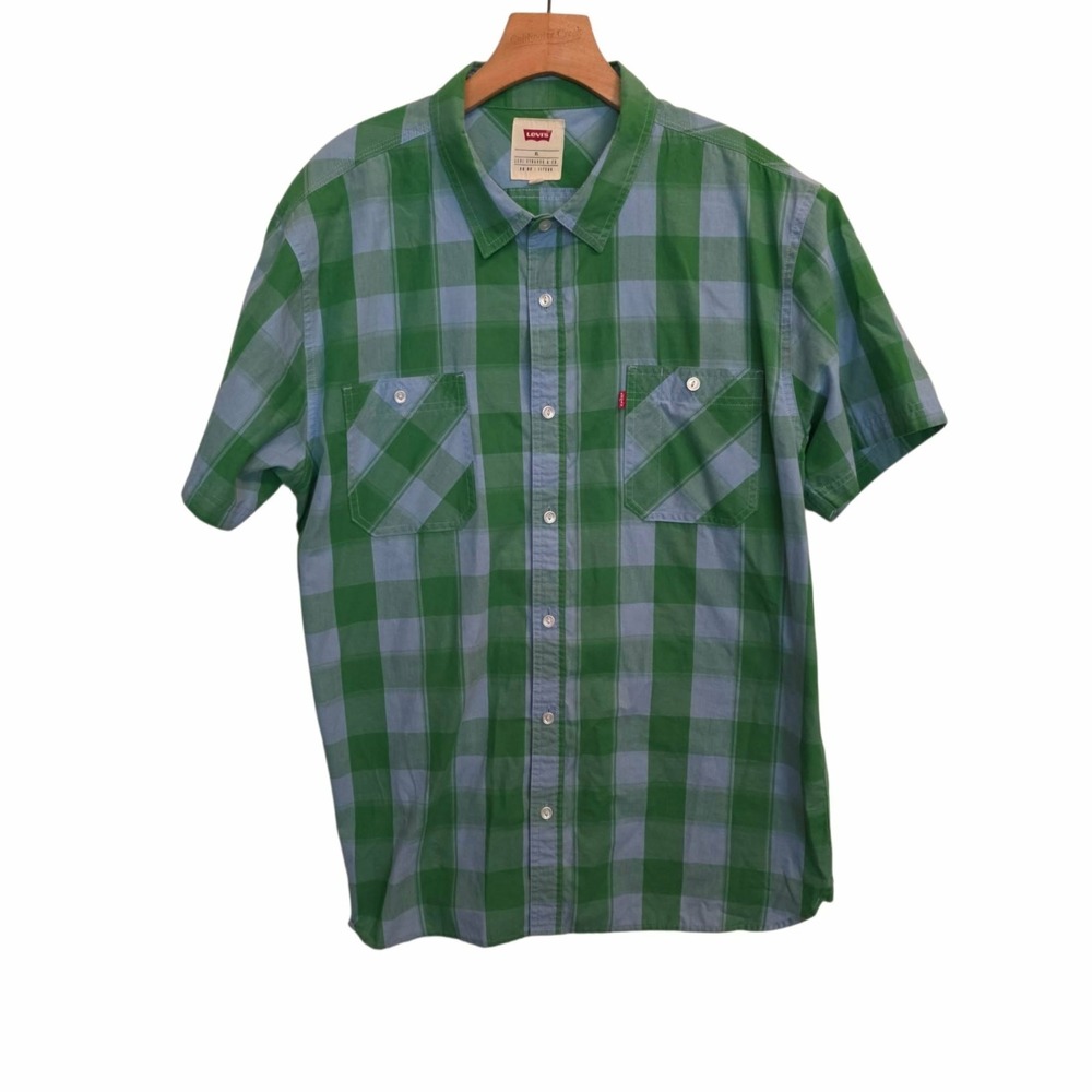 Levis Button Up Shirt Short Sleeve Blue Green Check Casual Preppy Mens XL